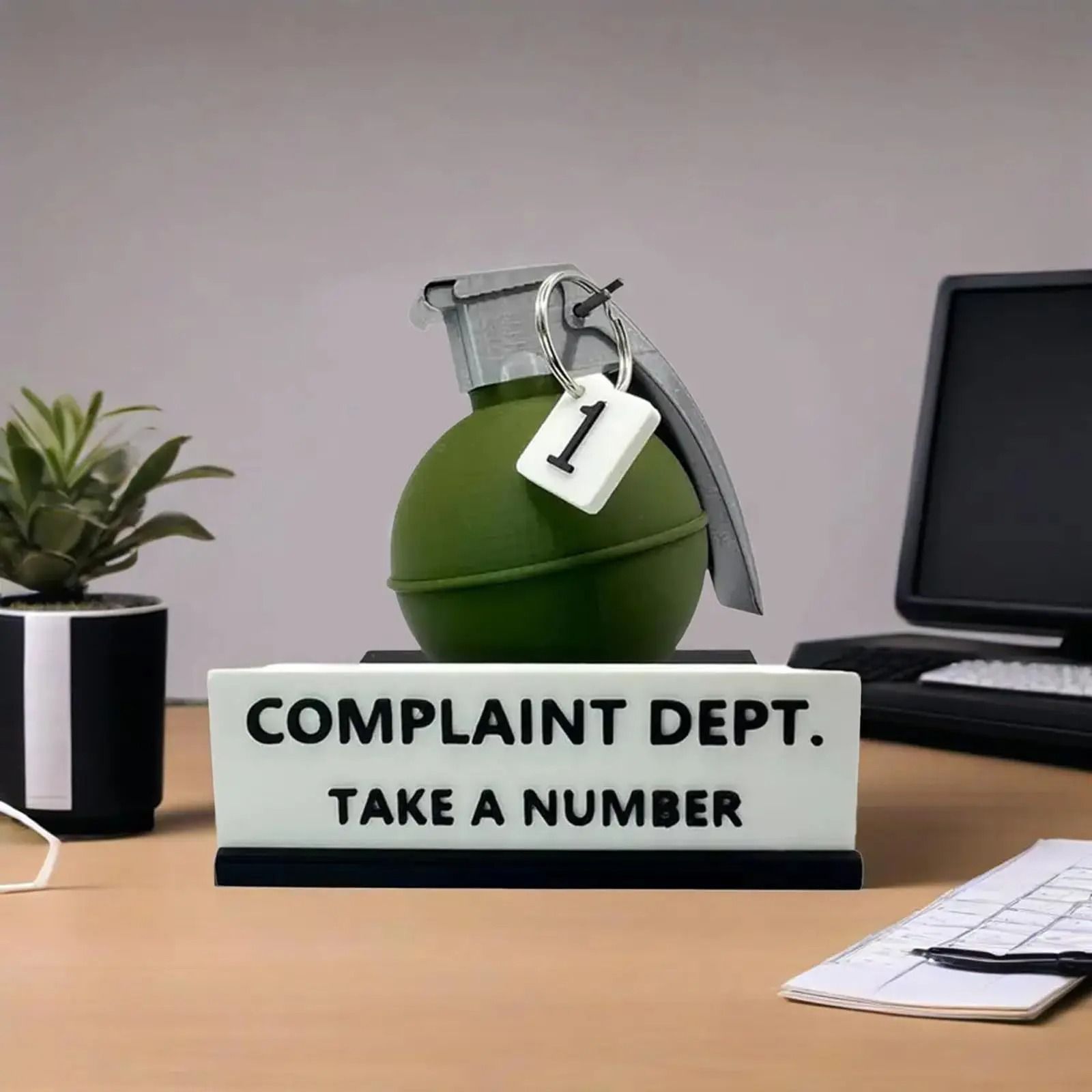 Funny Complaint Department Grenade Desk Sign - 3D Printed Office Prank Decor