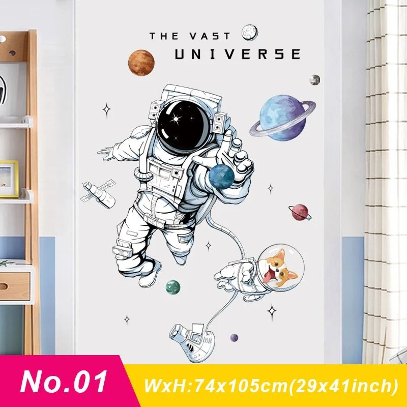 Removable Astronaut Wall Stickers Space Theme PVC Decals for Kids Room Decor