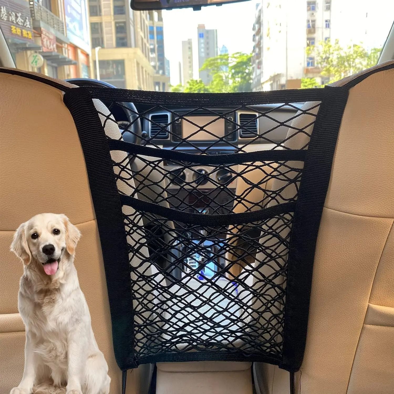 Car Seat Back Mesh Organizer With Pet & Kid Barrier Storage Net