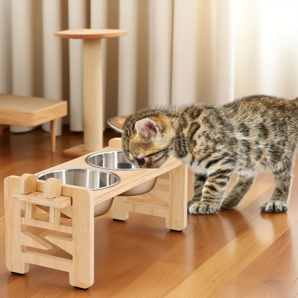 FlexiWood Adjustable Elevated Pet Bowl Stand with Stainless Steel Bowls
