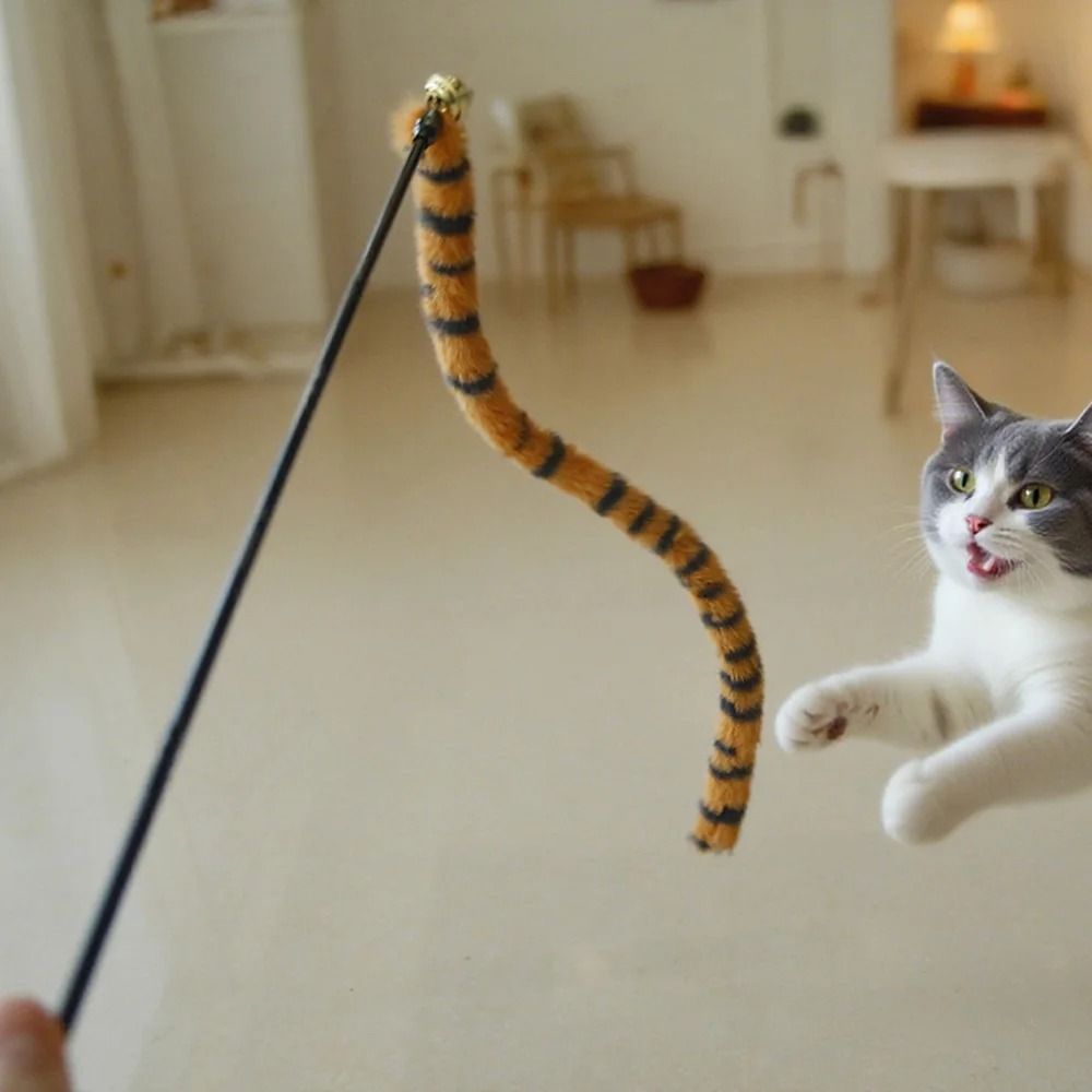 Worm Tail Cat Teaser Wand with Bell Interactive Plush Toy for Kittens & Cats