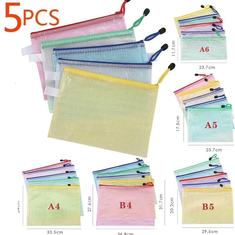 5 Piece Mesh Zipper File Folder Set A4 A5 A6 Waterproof Document Organizer Pouches