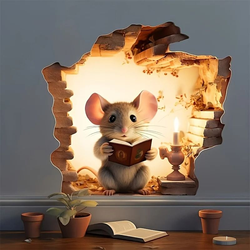 3D Reading Mouse Wall Sticker Cute Removable Vinyl Mouse Hole decor