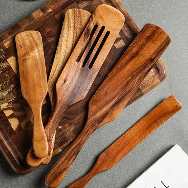 1 to 10 Piece Smooth Teak Wooden Cooking Spoons Set
