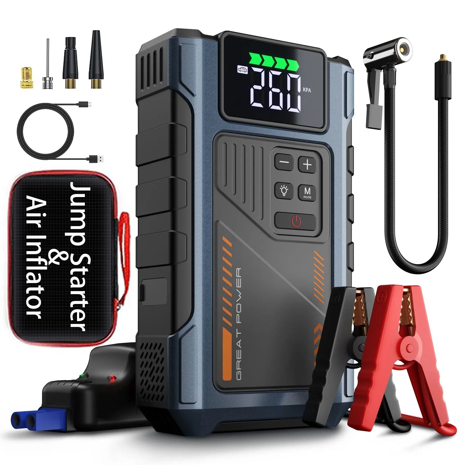 Portable Car Jump Starter with Air Compressor and 3000A Peak Battery Pack for Gas and Diesel Engines