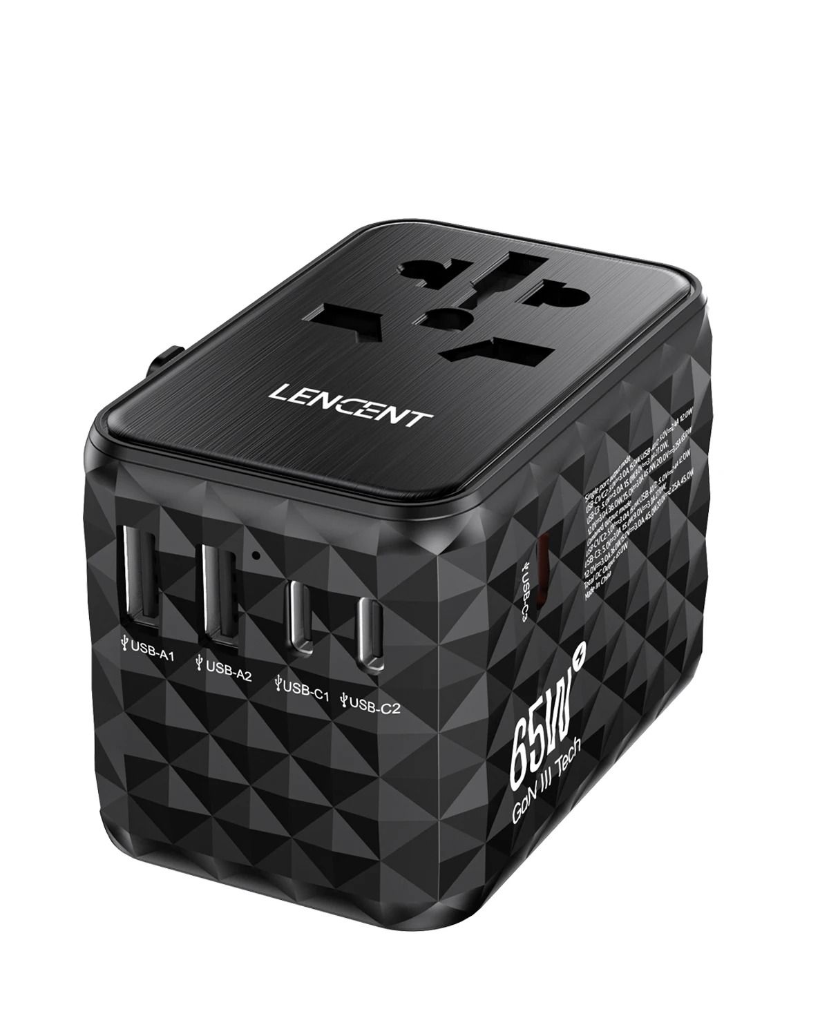 LENCENT 65W GaN Universal Travel Adapter with USB and Type C Ports for Fast Charging in EU UK USA AUS Regions