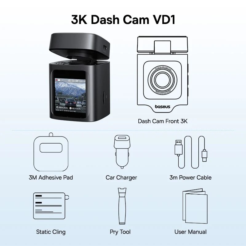 Baseus VD1 3K Front and Rear Dash Cam with GPS Galileo and Supercapacitor for 24 Hour Car Parking Surveillance