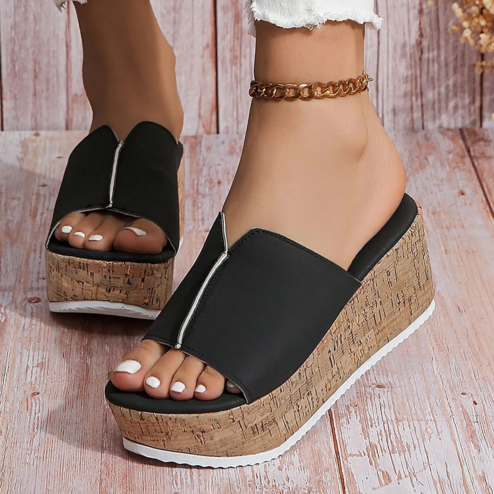 Women Wedge Slippers with Leather Upper and Platform Sole for Beach and Casual Summer Wear