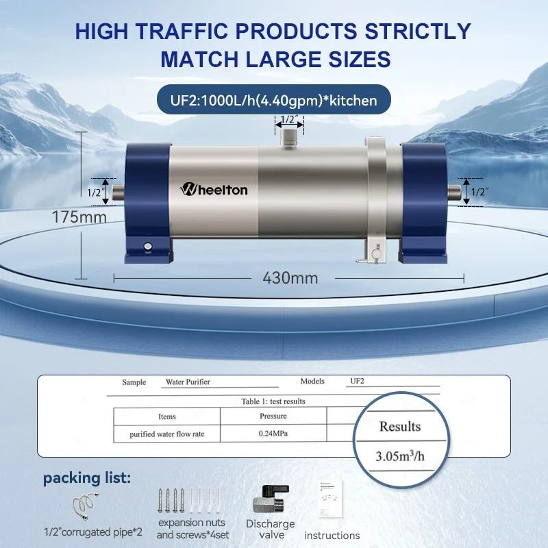 Wheelton Whole House High Flow Water Filter Purifier Reusable SUS304 0.01um PVDF 1000L to 3000L Capacity