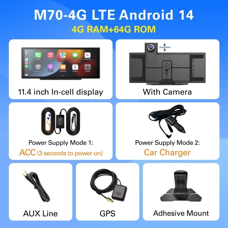 Imagebon M70 114 Inch 4G Android 14 Dashcam with Wireless CarPlay Android Auto