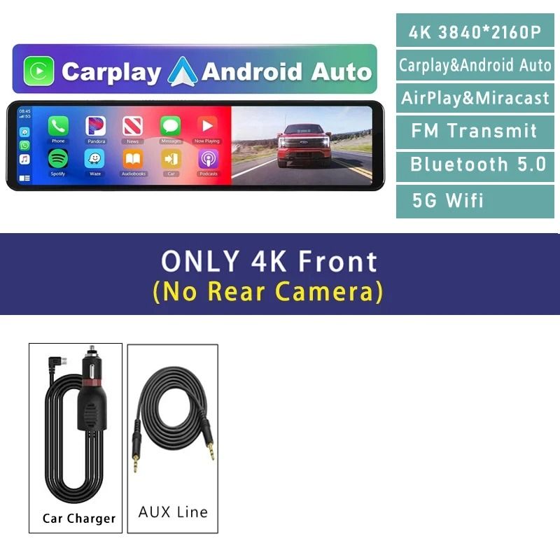 1126 Inch 4K Car DVR with Carplay Android Auto GPS WiFi Bluetooth Mirror Dash Cam