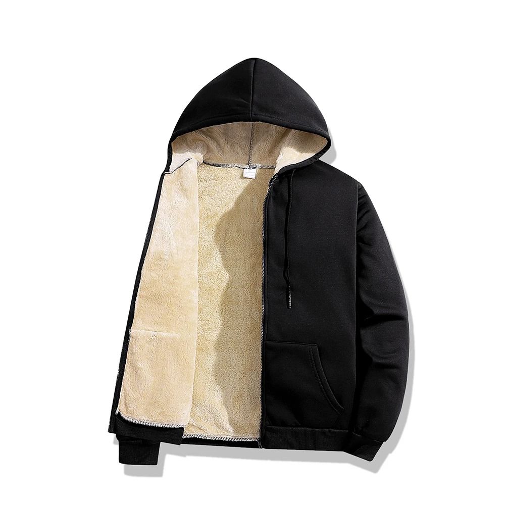 Mens Warm Lambswool Winter Hoodie Jacket Plus Sizes Casual Zip Up Long Sleeve