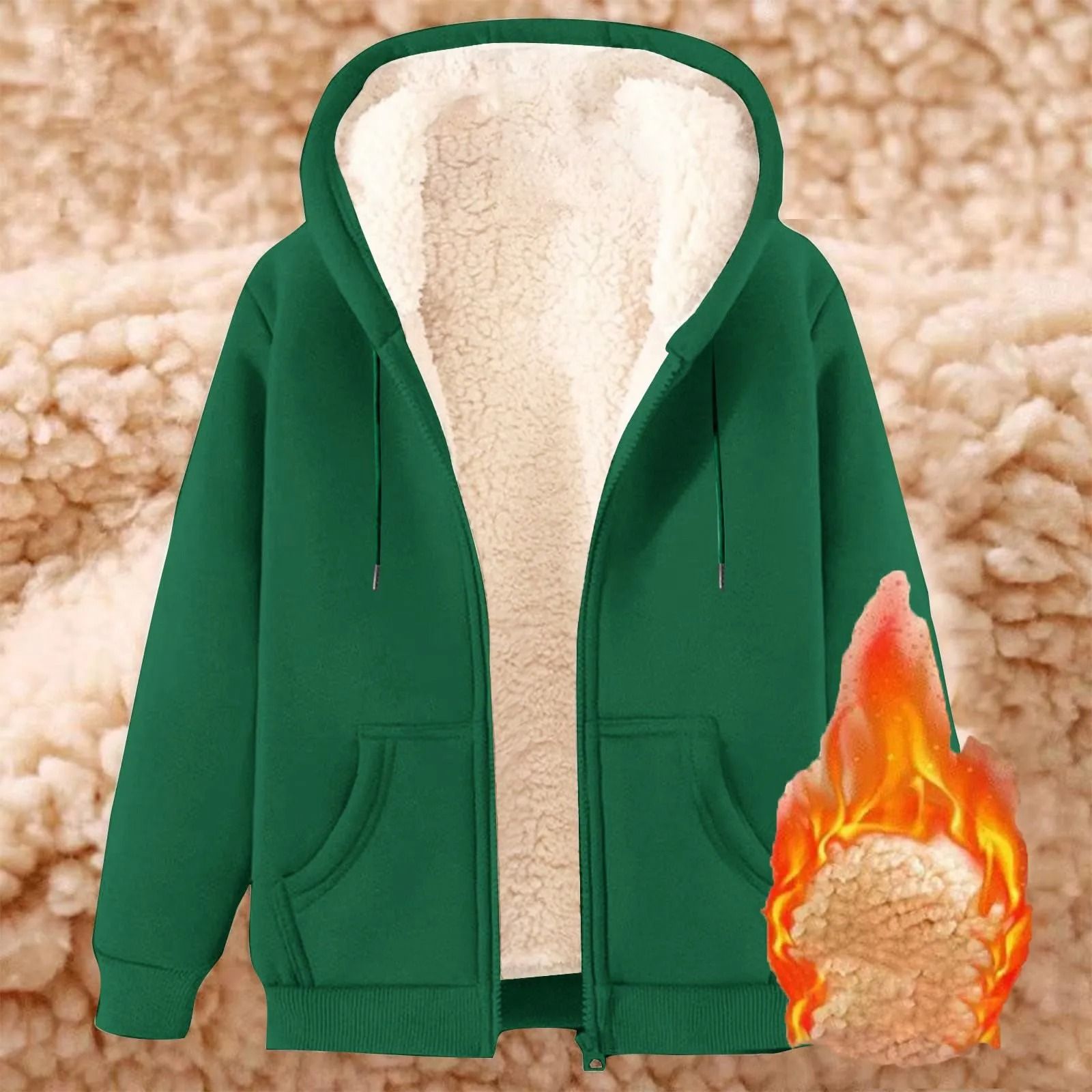 Womens Solid Color Thick Fleece Zip Up Hoodie with Pockets