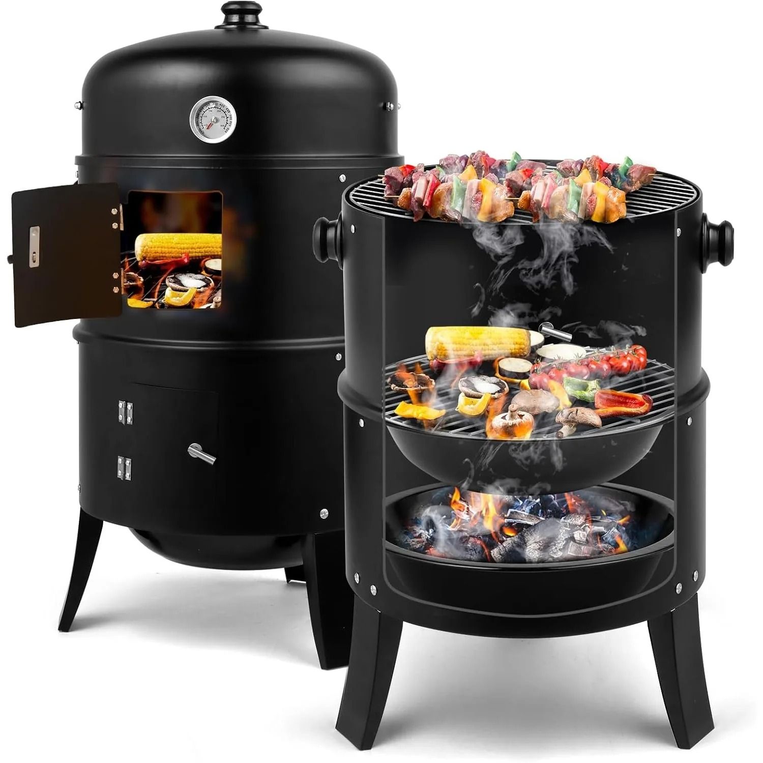 Vertical Charcoal BBQ Smoker 17 Inch Portable 3 in 1 Outdoor Grill with Thermometer