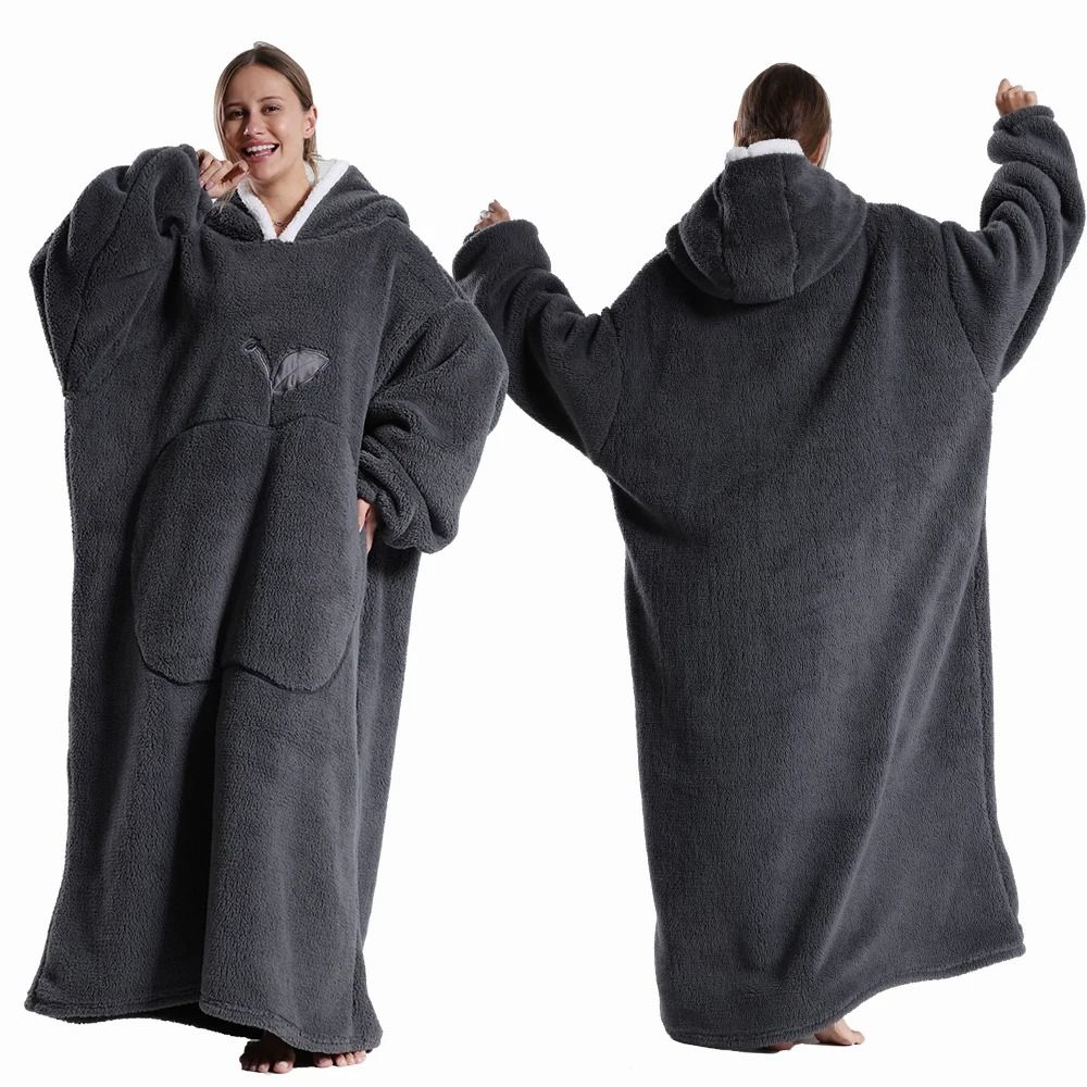 Extra Long Wearable Hooded Blanket with Sleeves Cozy Flannel Winter Throw