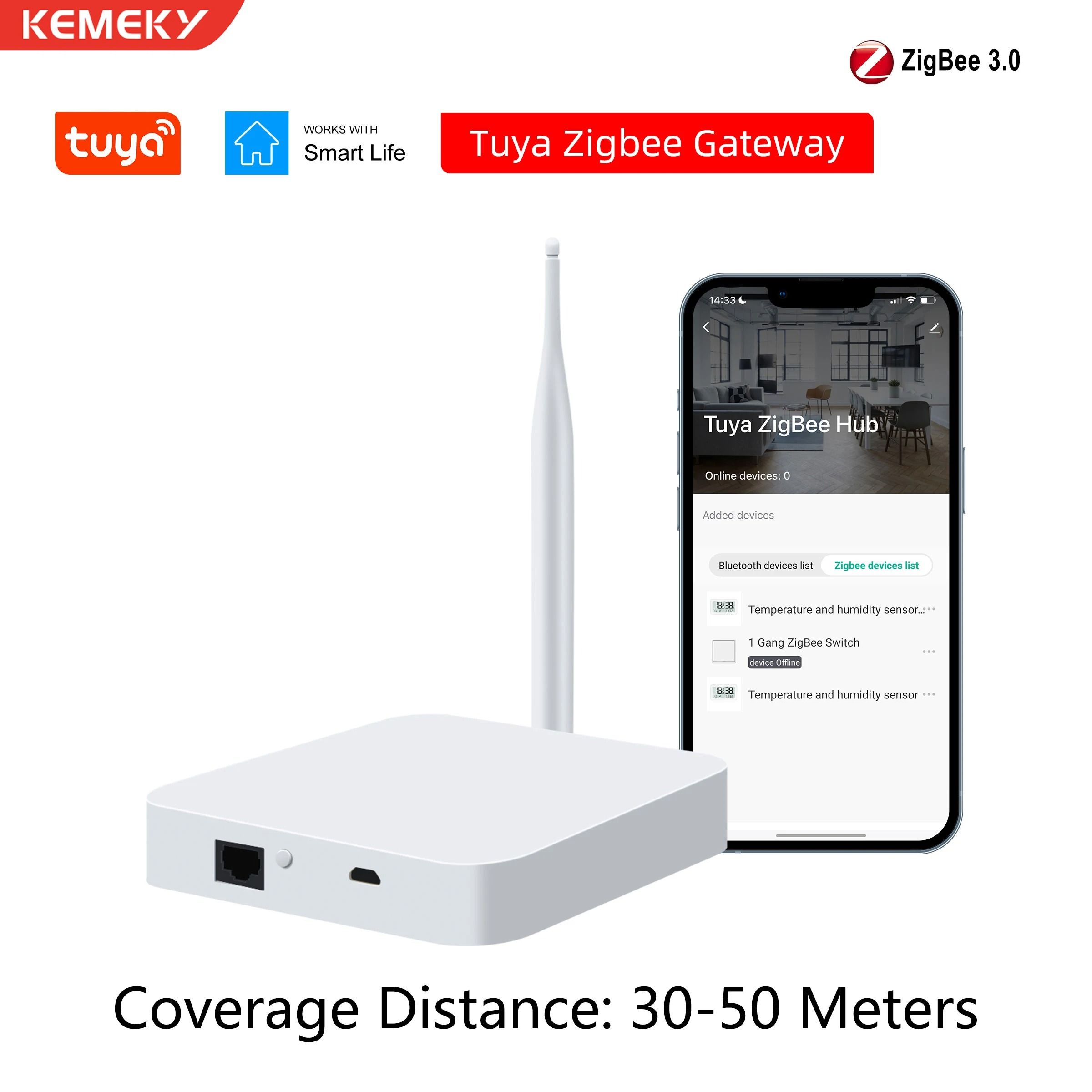Tuya ZigBee 3.0 Gateway Hub with Antenna Smart Home Bridge Compatible with Alexa and Google Home
