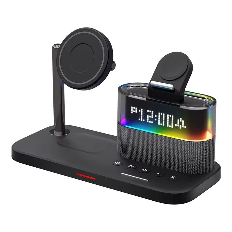 Qi2 5 in 1 Magnetic Wireless Charger Stand with LED Night Light and Alarm Clock for Samsung iPhone IWatch and Airpods