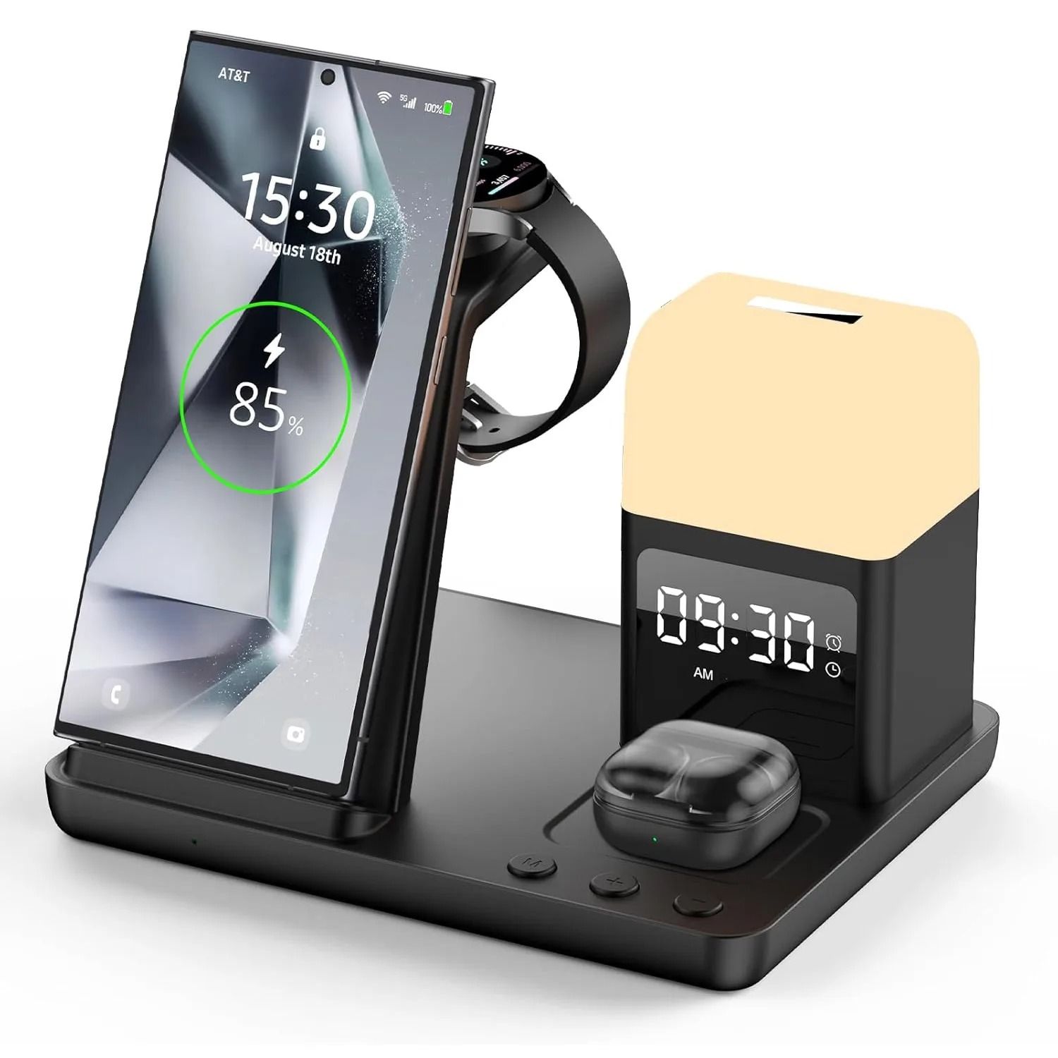 6 in 1 Wireless Charger Station Alarm Clock Night Light for Galaxy Watch Buds Pro and Smartphones