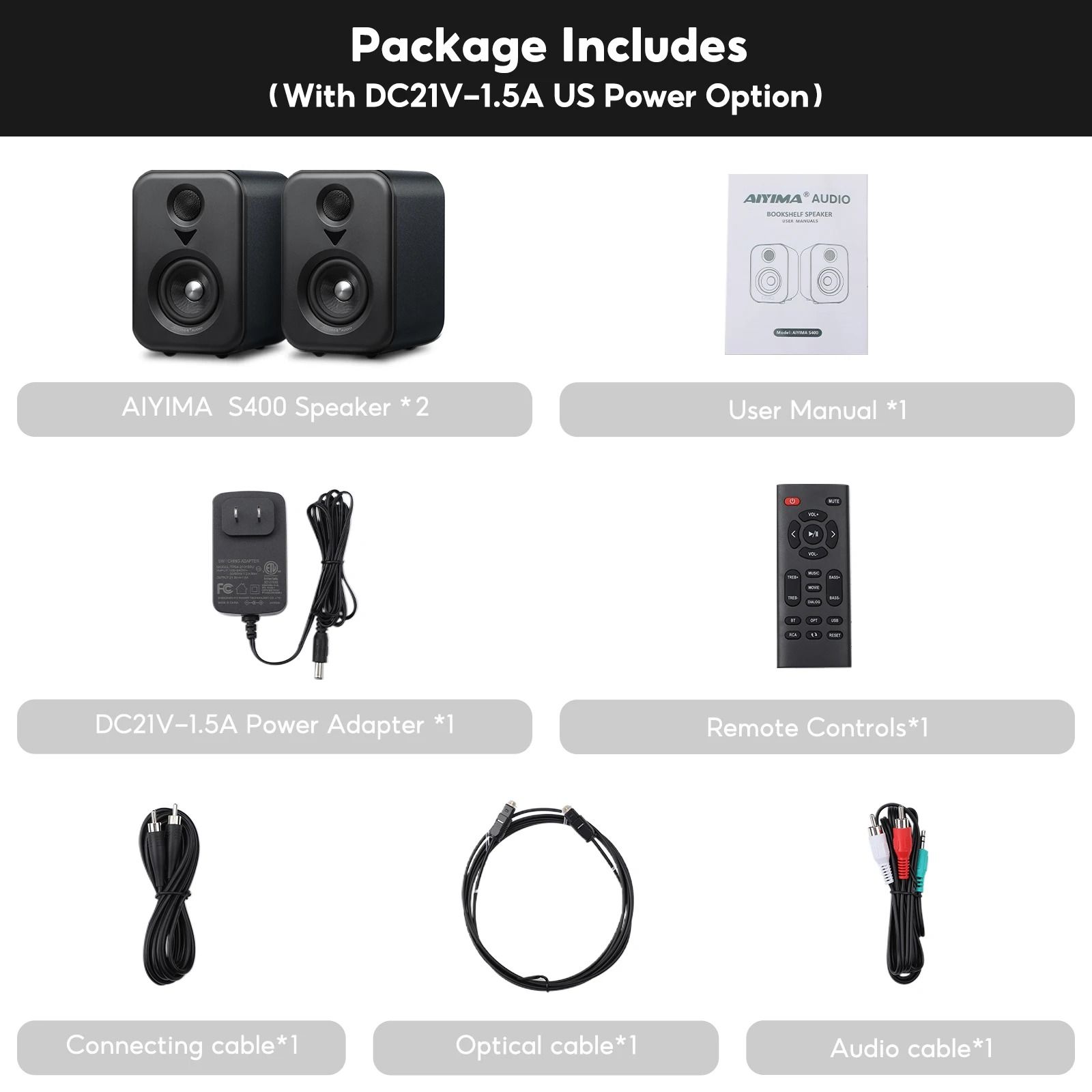 AIYIMA S400 Active Bookshelf Speakers Bluetooth USB DAC HiFi Studio Monitor with Subwoofer System for TV and PC