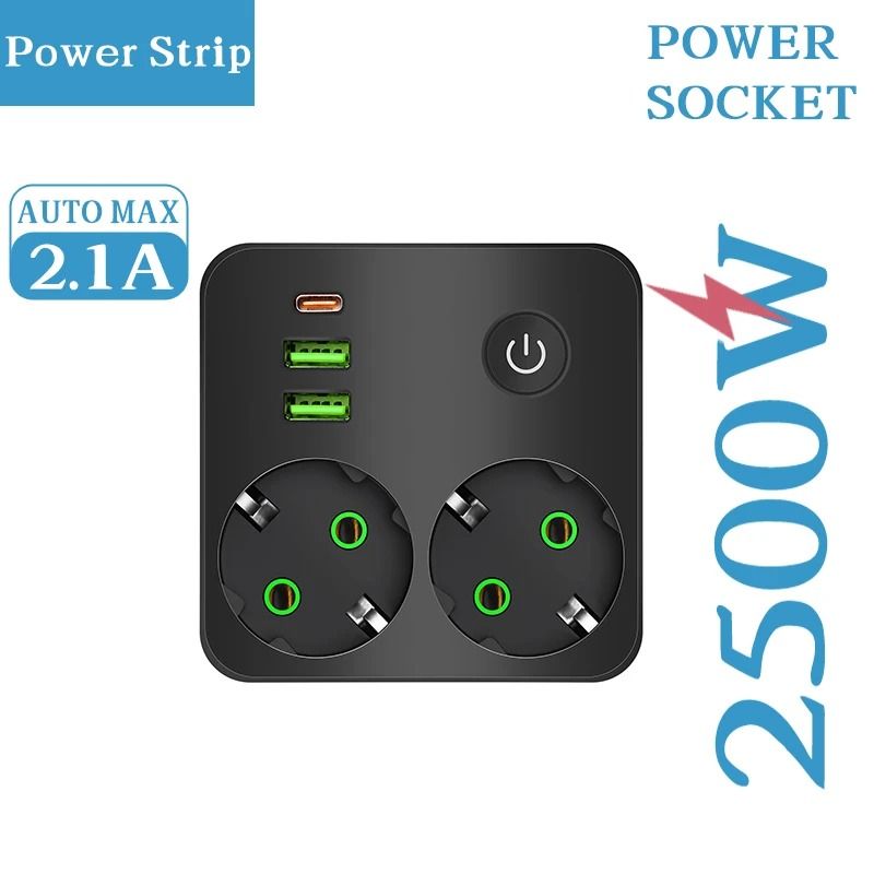 EU Plug Wall Power Strip Two AC Sockets with USB Ports Type C