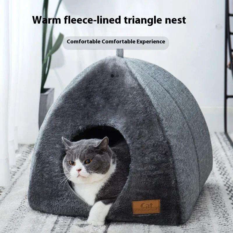 Triangle Cat Bed Indoor Enclosed Pet House with Soft Fleece for Deep Sleep