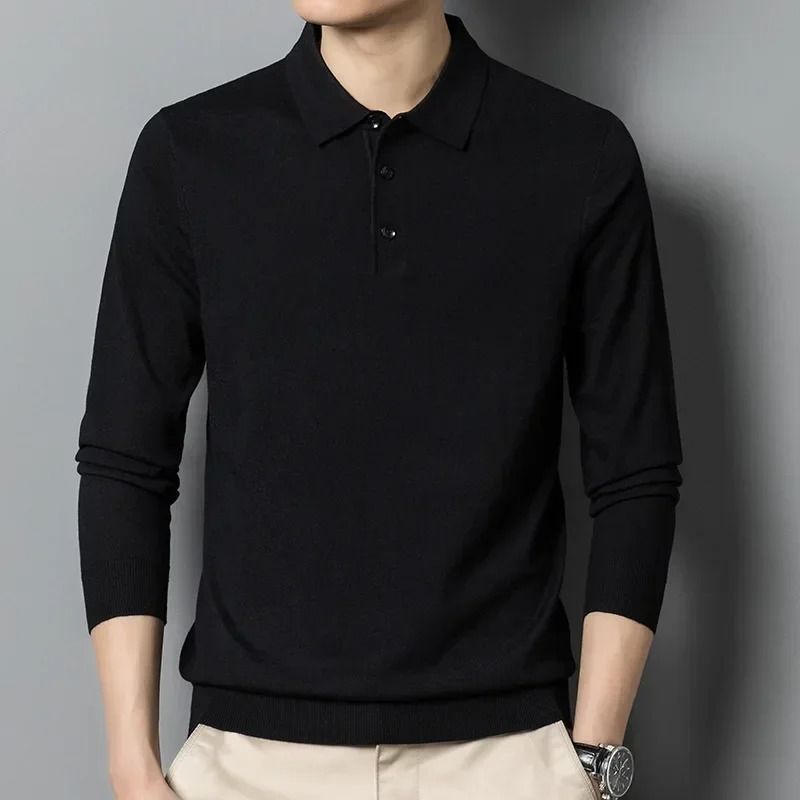 Mens Wool Blend Long Sleeve Polo Pullover Sweater with Lapel