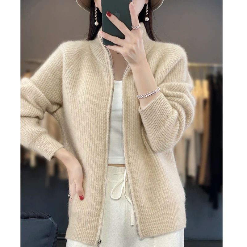 Womens 100 Percent Wool Zipper Cardigan Stand Collar Cashmere Knit Sweater Coat