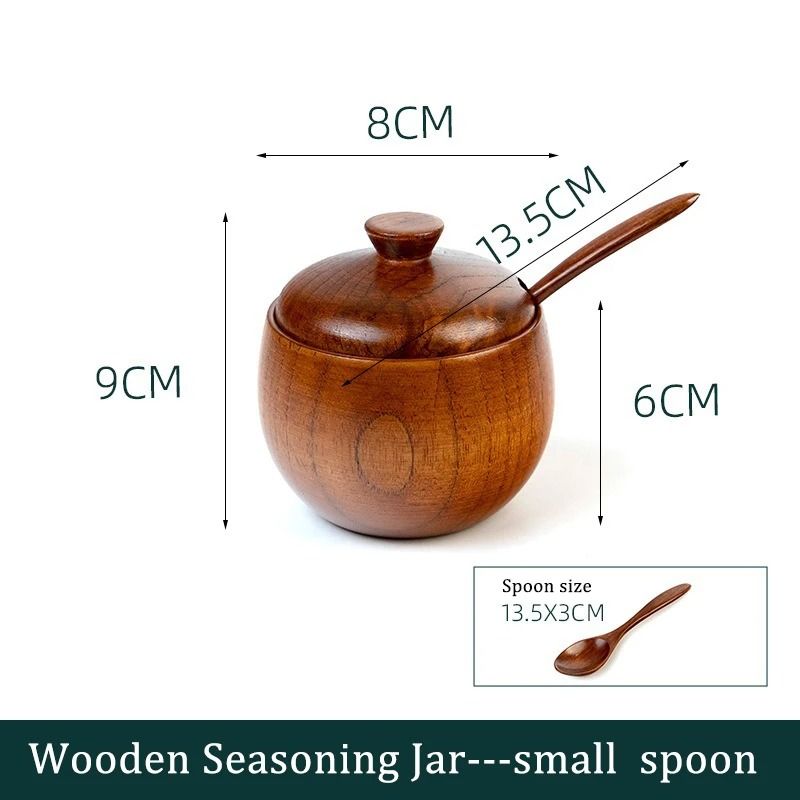 Wooden Seasoning Jar Vintage Kitchen Salt Sugar Spice Container with Lid Spoon and Tray