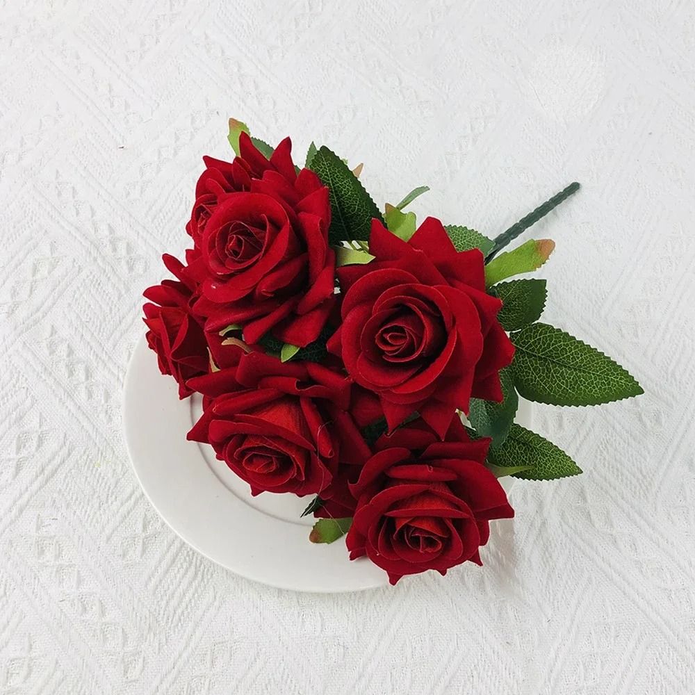 Velvet Artificial Flower Rose Bouquet Red 7 Heads Fake Rose Decorative Floral Home Decor