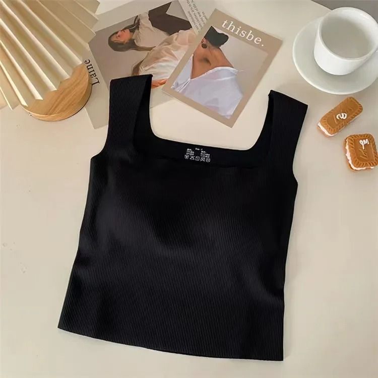 Wide Shoulder Square Neck Seamless Camisole Vest with Fixed Cup for Women