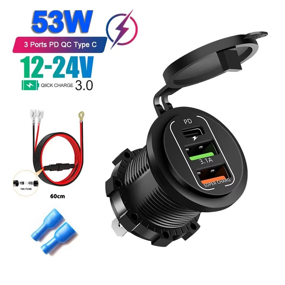 Car Charger Socket Dual Type C and Dual USB Fast Charging Socket with Voltmeter