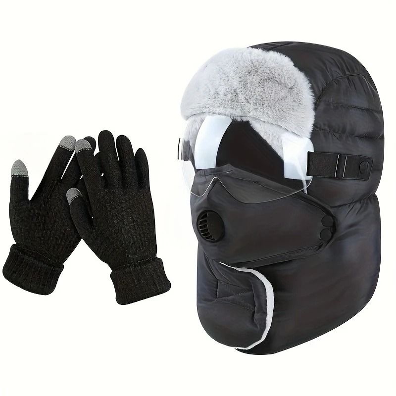 Winter Outdoor Riding Hat with Gloves and Windproof Fleece Mask