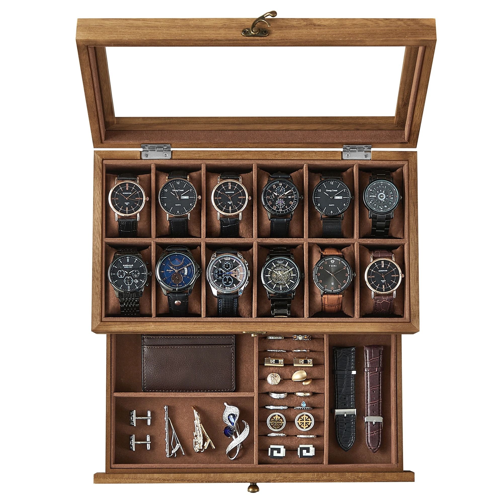 Two Watch Box Two Tier Watch Box with Glass Lid Velvet Lining and Removabl | Inspire ...