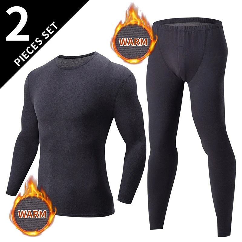 Mens Thermal Underwear Set Fleece Lined Long Sleeve Top and Pants for Autumn and Winter Comfort