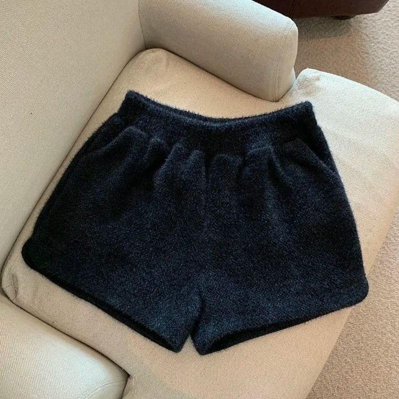 Womens Faux Mink Plush High Waist Winter Shorts Korean Style Loose Wide Leg Casual Shorts