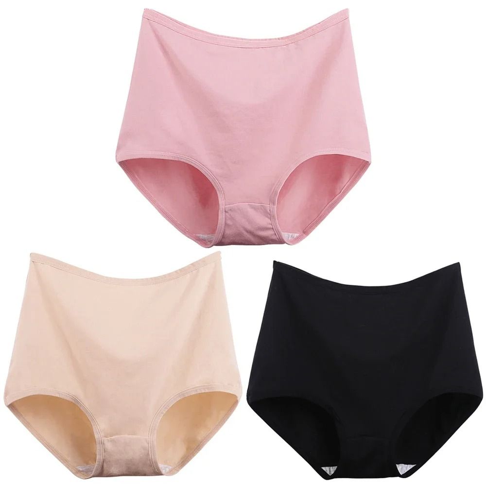 Womens Plus Size Cotton High Waist Briefs Breathable Comfort Underwear Three Piece Set