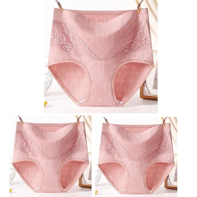 Womens Plus Size Cotton Lace High Waist Briefs Breathable Comfort Underwear Three Piece Set