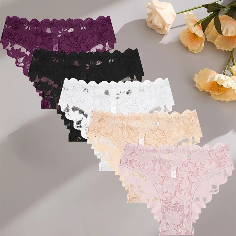 5 Piece Satin Floral Lace Panty Set for Women with Sheer Patchwork and Soft Stretch Fit