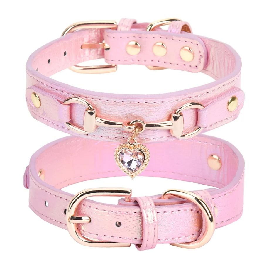 PU Pet Cat and Dog Collar with Rhinestone Heart Necklace Adjustable Design