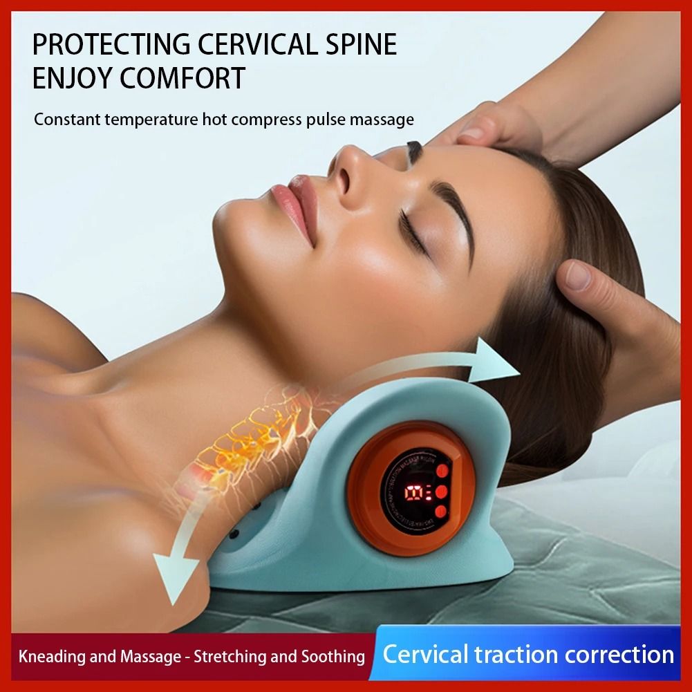 Electric Cervical Neck Massager Pillow with Traction Heat and Vibration Therapy