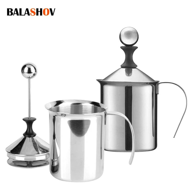 Stainless Steel Double Mesh Milk Frother 400ml Manual Coffee Creamer