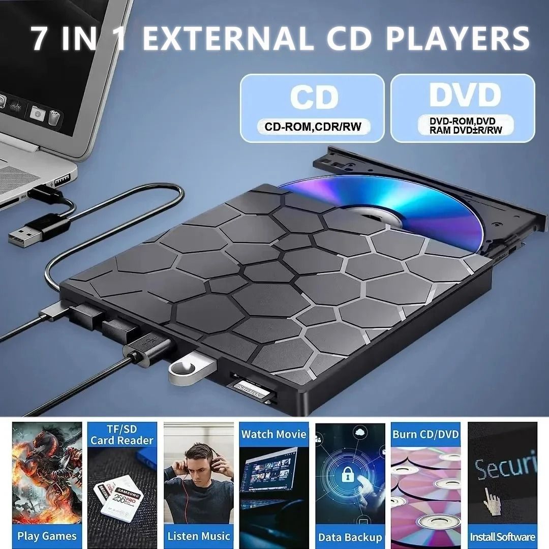 7 in 1 USB Type C External DVD CD Burner and Card Reader Drive