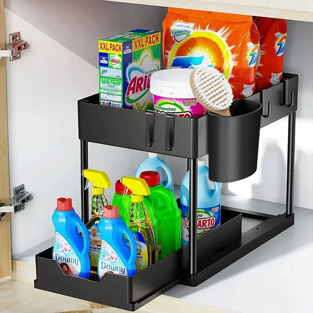 2 Tier Under Sink Organizer Sliding Cabinet Basket Storage Rack with Hooks and Hanging Cup