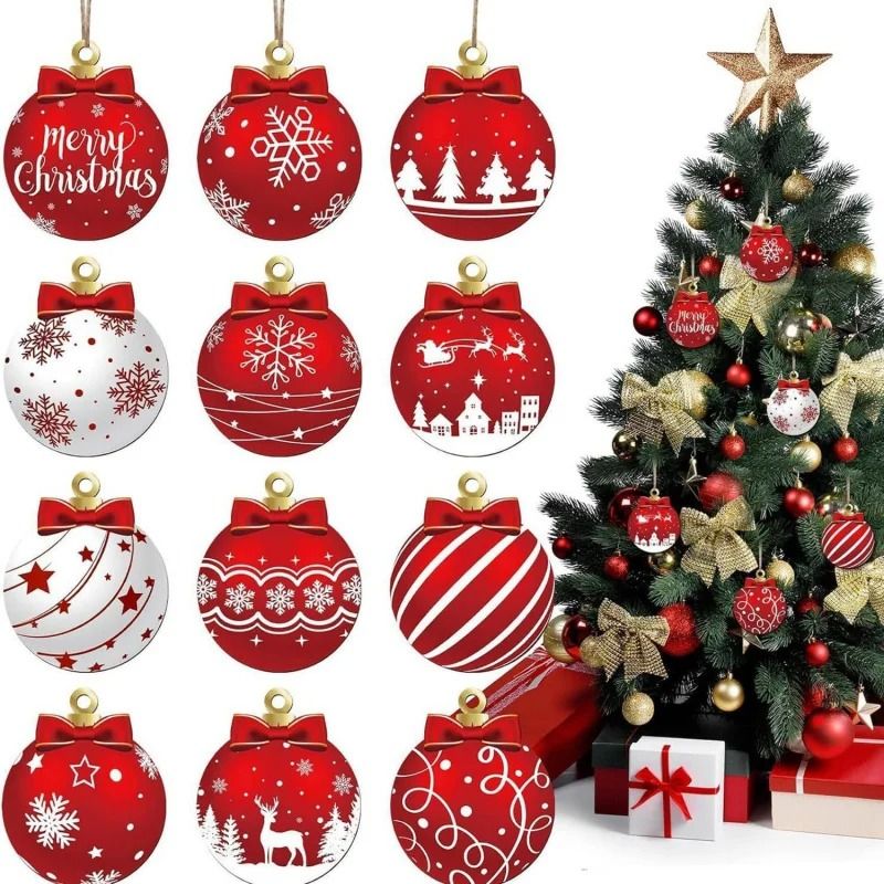 12pcs/set Red and White Wooden Christmas Ball Ornaments Elk and Snowflake Pattern