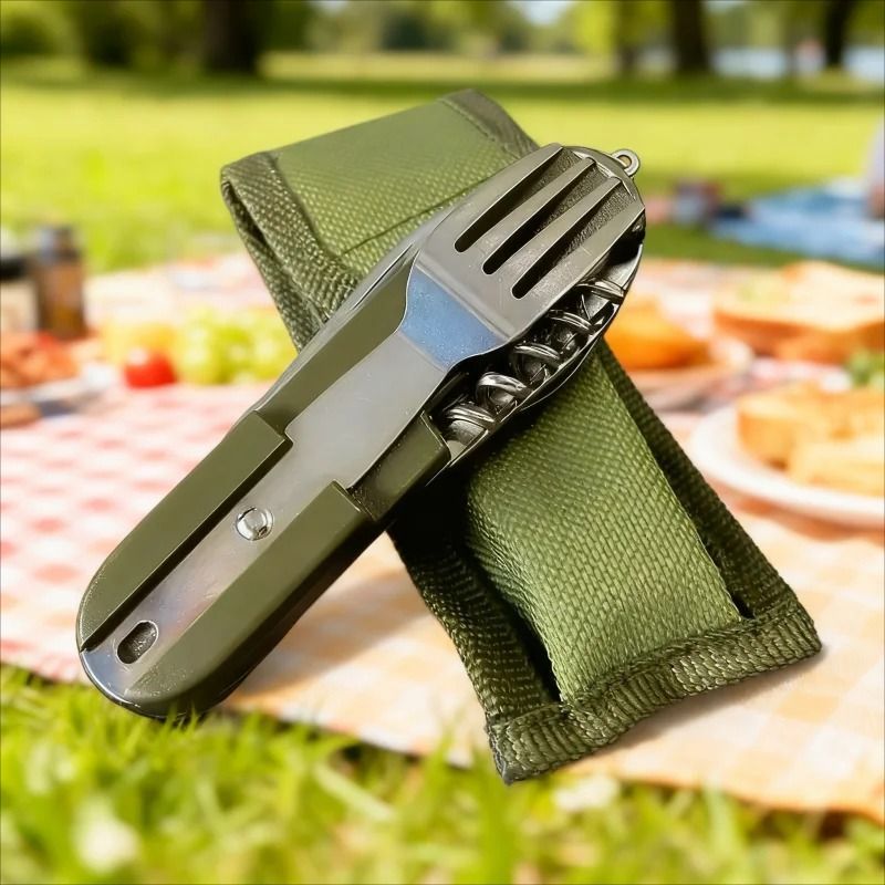 Stainless Steel 7-in-1 Camping Cutlery Set – Foldable Multifunctional Outdoor Tableware