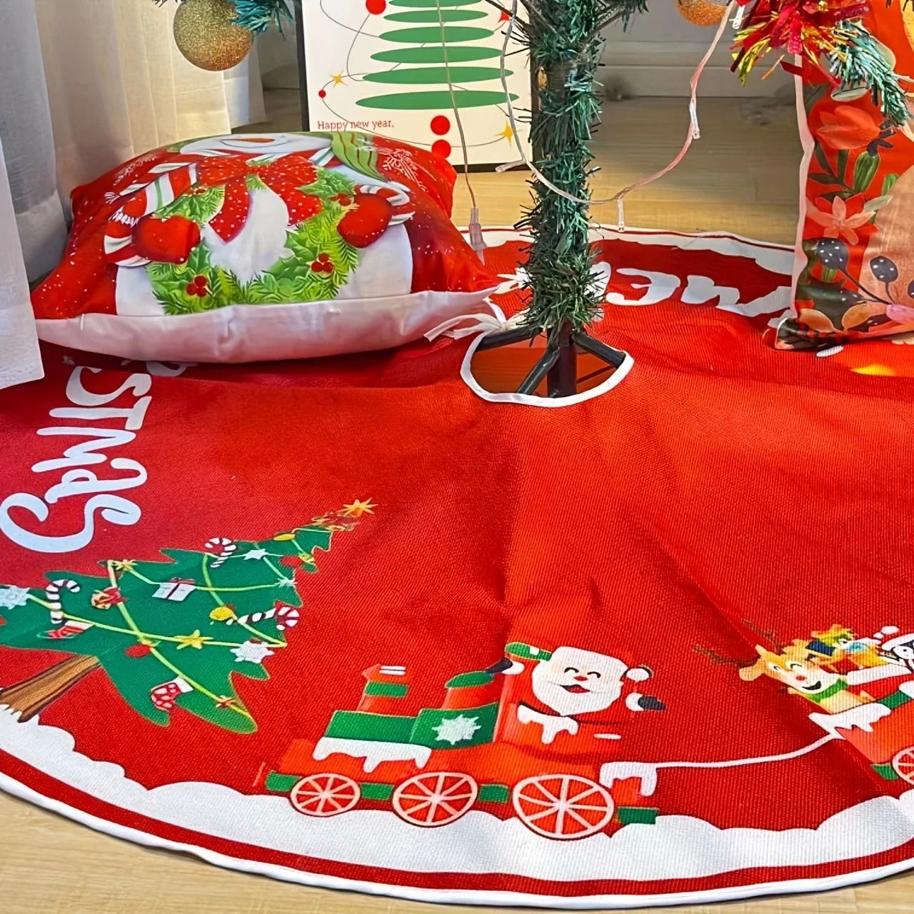 Traditional Christmas Tree Skirt Santa Claus and Snowman Design Holiday Tree Bottom Decoration