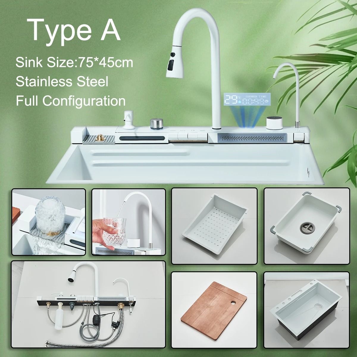White Nano Stainless Steel Integrated Digital Kitchen Sink
