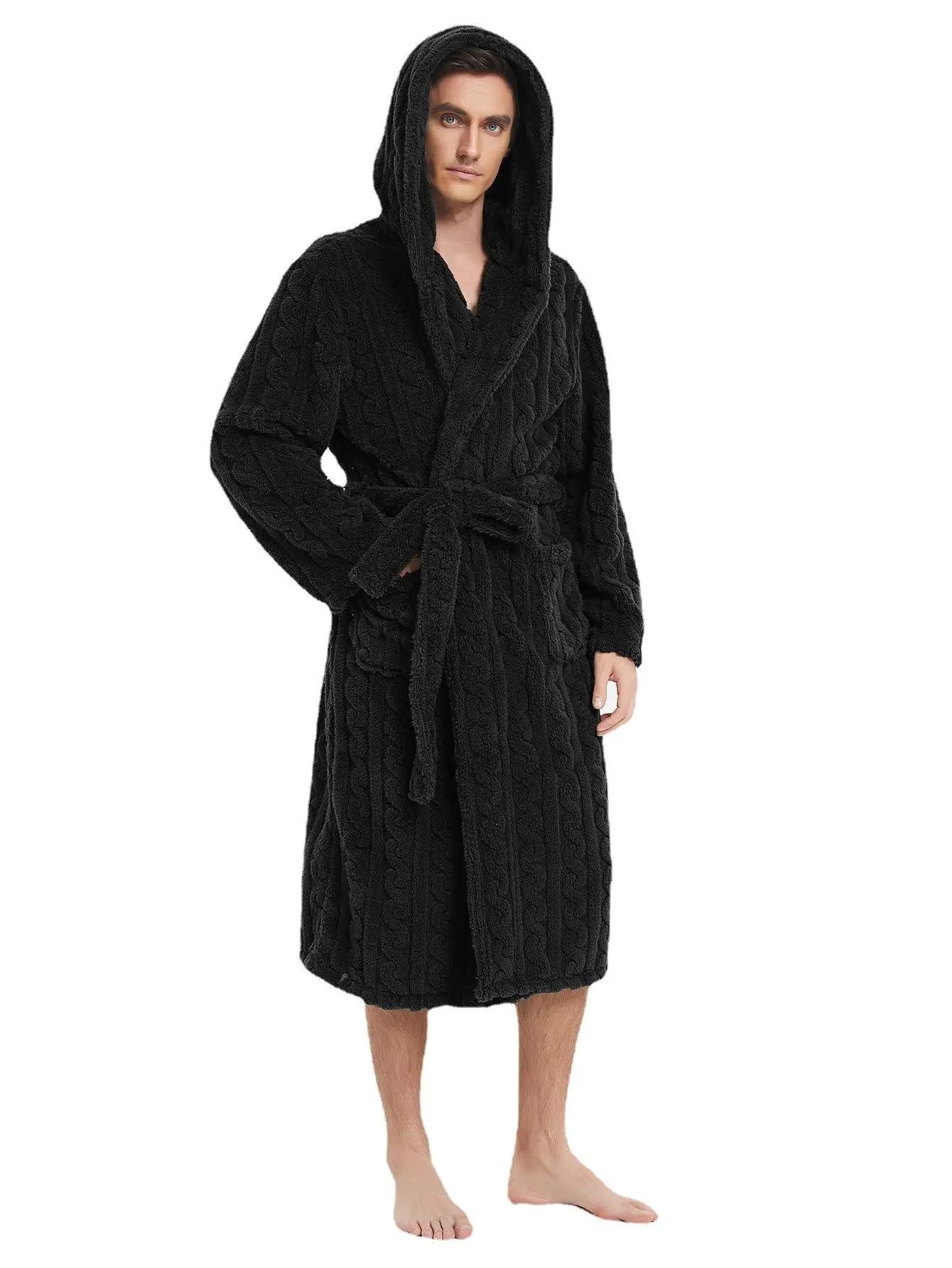 Fall and Winter Mens Warm Robe Pajamas Shu Cotton Velvet Jacquard Hooded Couple Robe