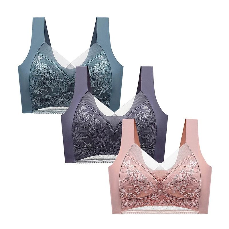 FallSweet 3PCS Lace Push Up Bras for Women Sexy Wireless Ice Silk Deep V Bralette Tops