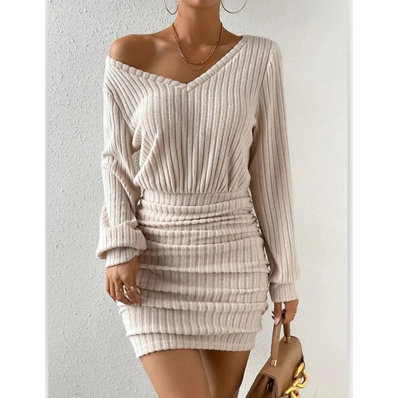 Women's Autumn Winter Knitted V-Neck Wrap Sweater Dress Casual Bodycon Mini Robe
